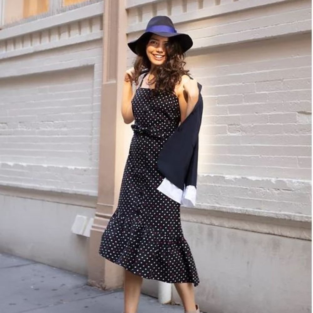 Polka Dot with Asymmetrical Ruffle Hem Midi Dress (Dot & Stripe)